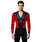 Men's Rhinestone Dance Leotard | V-Neck & Long Sleeve | Satin Patchwork