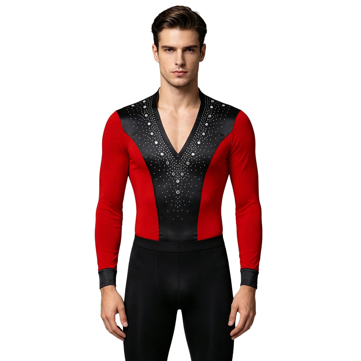 Men's Rhinestone Dance Leotard | V-Neck & Long Sleeve | Satin Patchwork