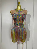 Rhinestone Sequin Tassel Bodysuit | Colorful | XS–XL