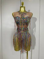 Rhinestone Sequin Tassel Bodysuit | Colorful | XS–XL