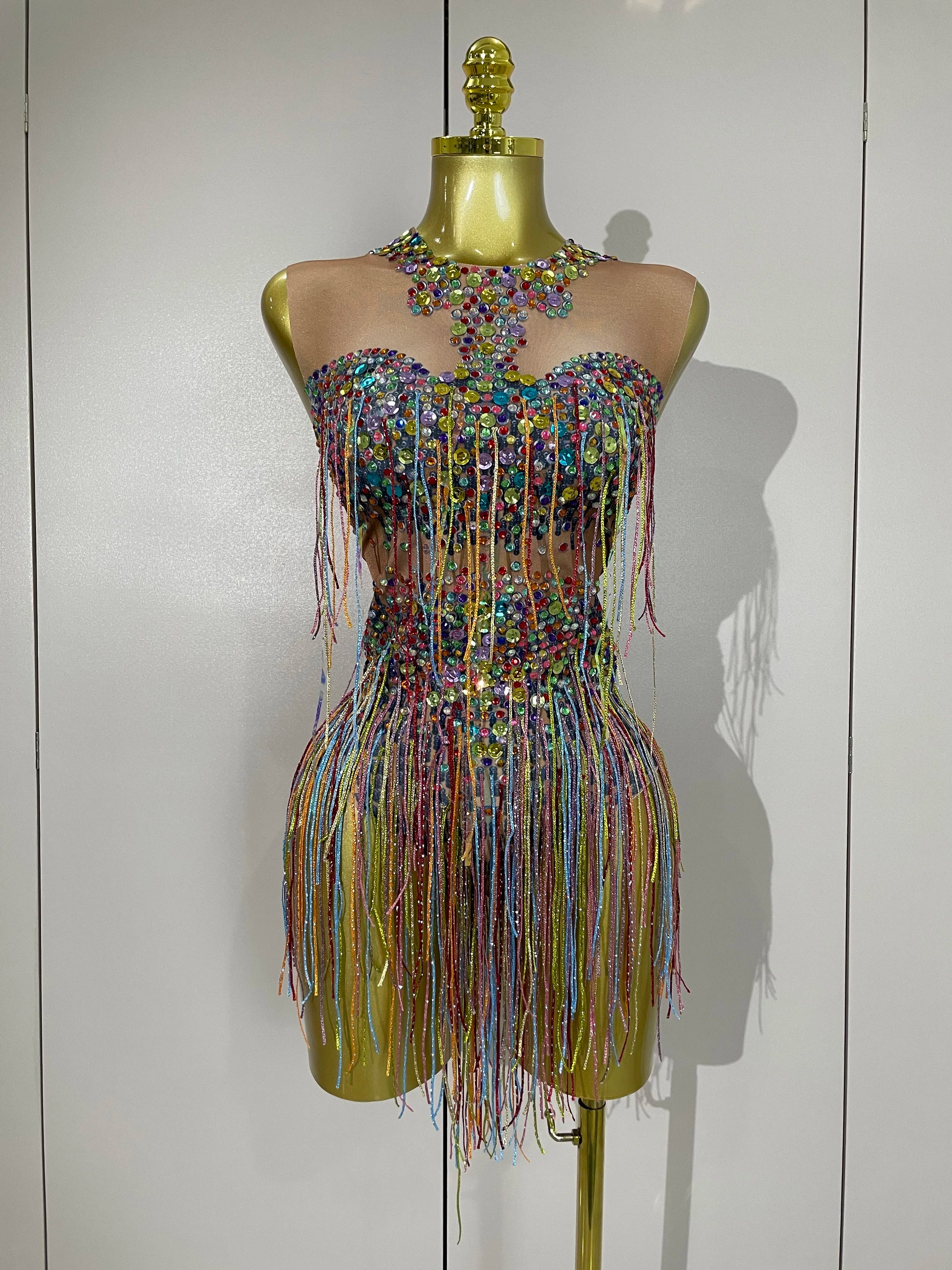 Rhinestone Sequin Tassel Bodysuit | Colorful | XS–XL