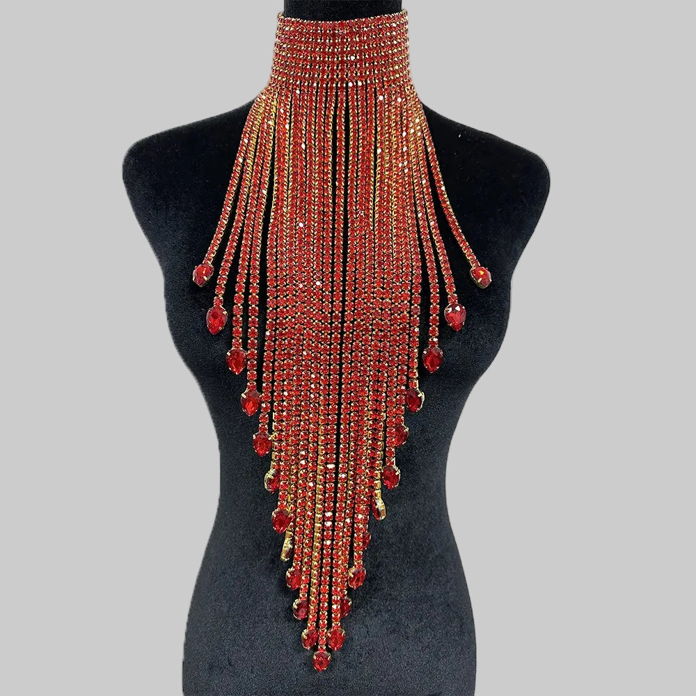 Rhinestone Choker Necklace - Long Tassel Crystal Statement Necklace