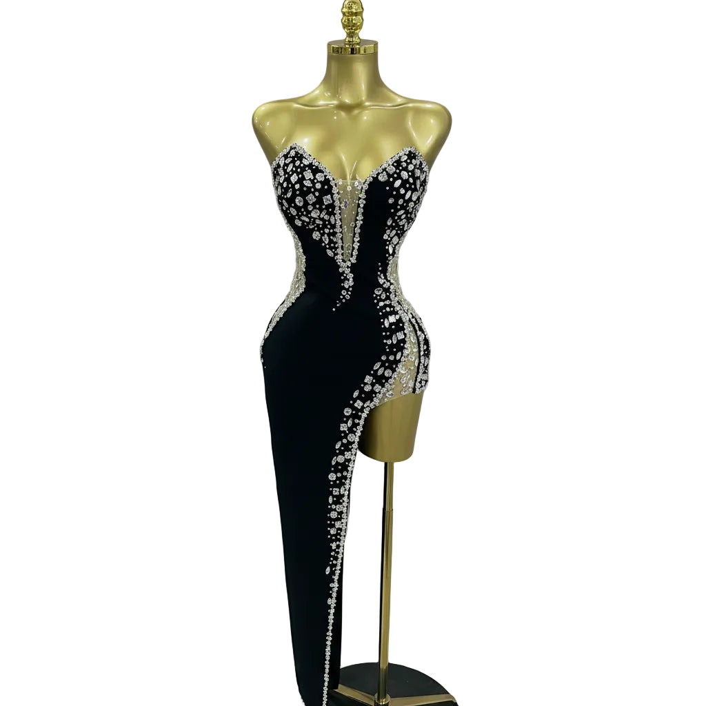 Rhinestone S-Panel Strapless Bodycon Gown | Deep V | Black