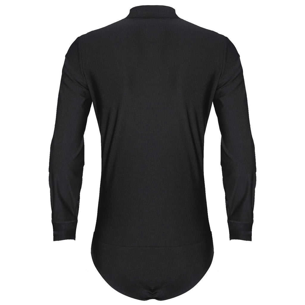 Men's Rhinestone Dance Leotard | V-Neck & Satin Collar | Long Sleeve