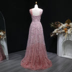 Pearl Beaded V-Neck A-Line Pageant Gown | Criss-Cross | Gray & Gradient Pink
