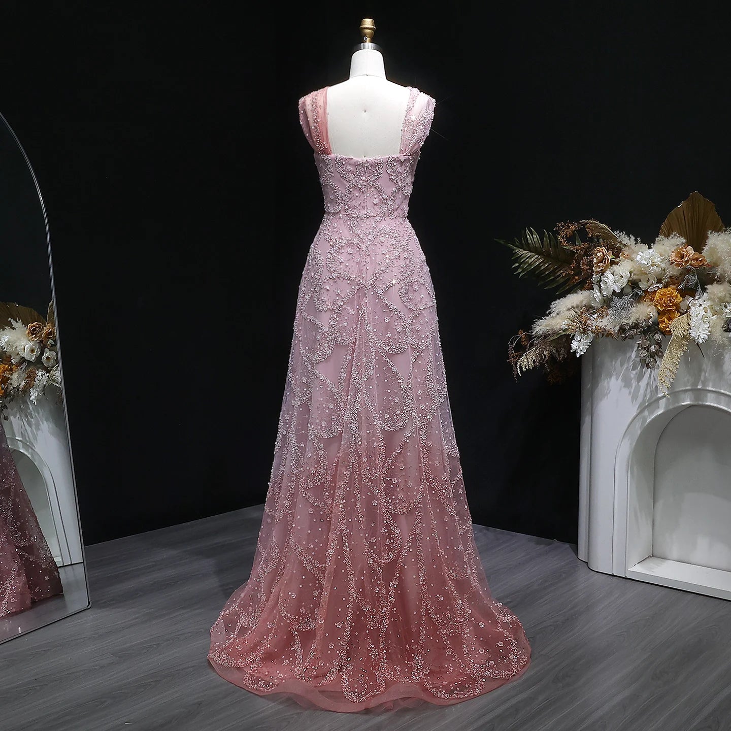 Pearl Beaded V-Neck A-Line Pageant Gown | Criss-Cross | Gray & Gradient Pink
