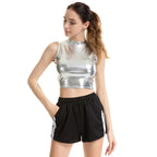 Holographic Mock-Neck Crop Tank | Metallic Sleeveless Top