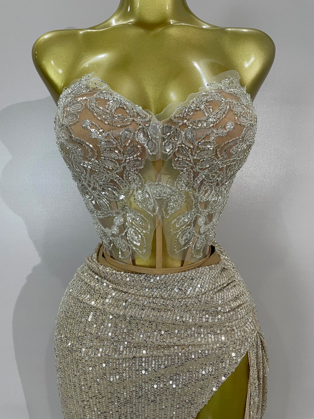 Sequin Beaded Corset & High-Slit Skirt Set | Strapless | Champagne