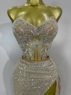 Sequin Beaded Corset & High-Slit Skirt Set | Strapless | Champagne