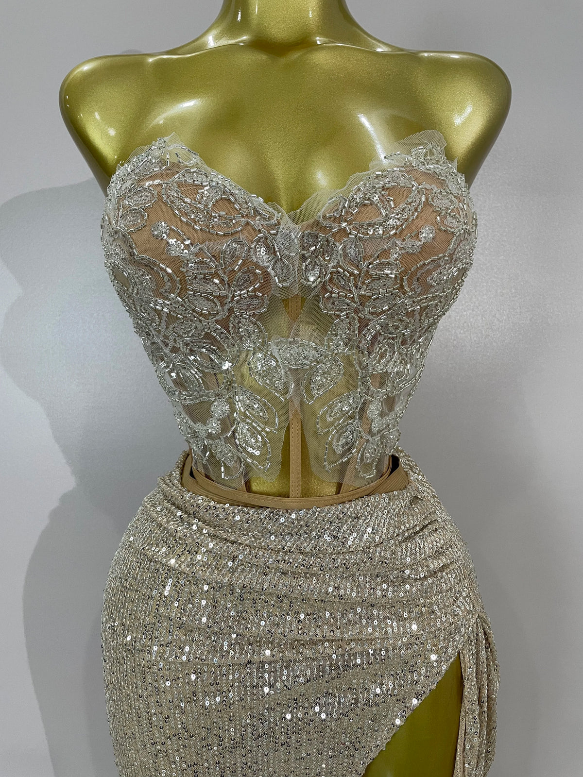 Sequin Beaded Corset & High-Slit Skirt Set | Strapless | Champagne