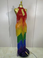Rainbow Rhinestone Mesh Gown | Stage Performance Dress