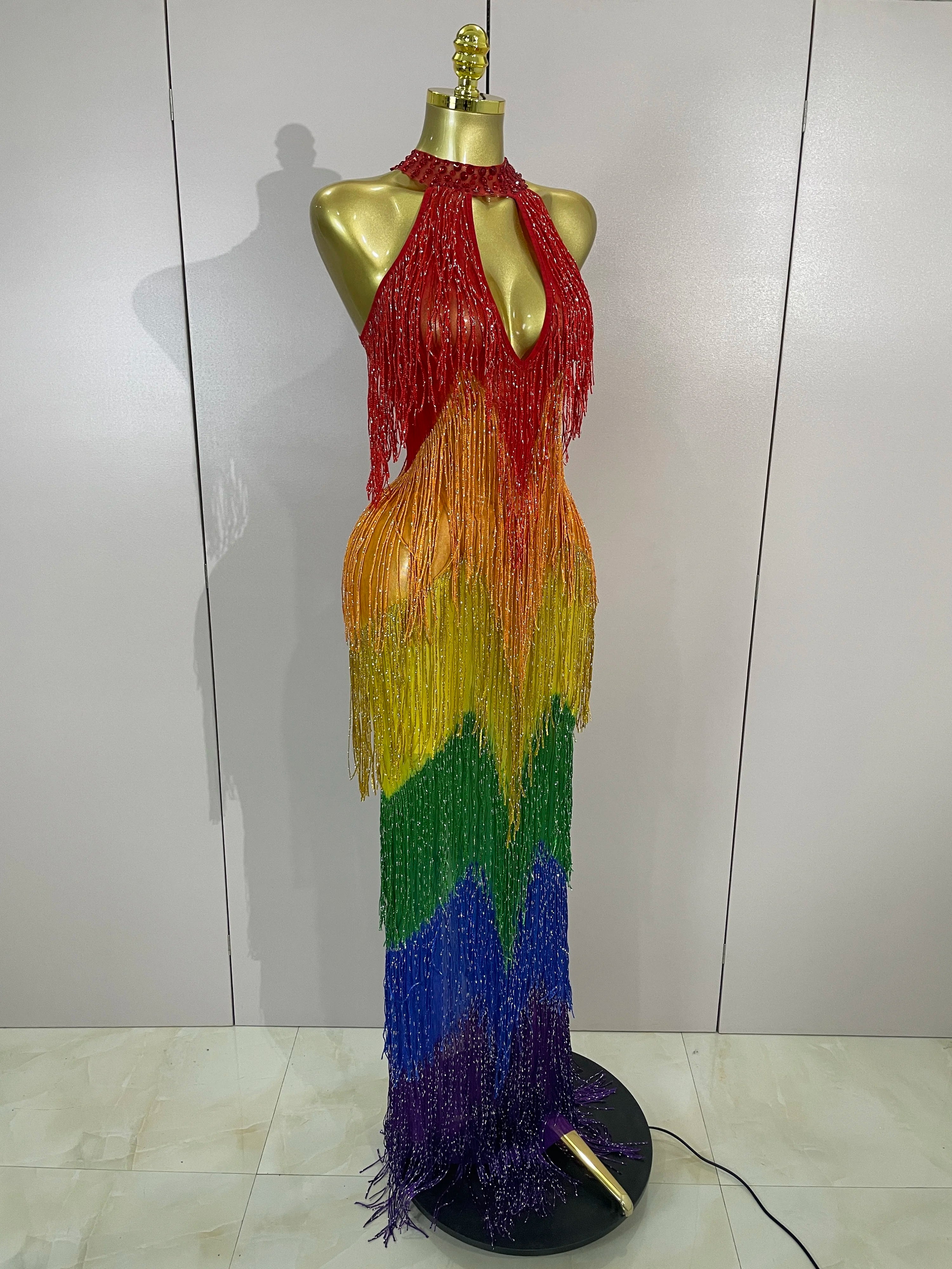 Rainbow Rhinestone Mesh Gown | Stage Performance Dress