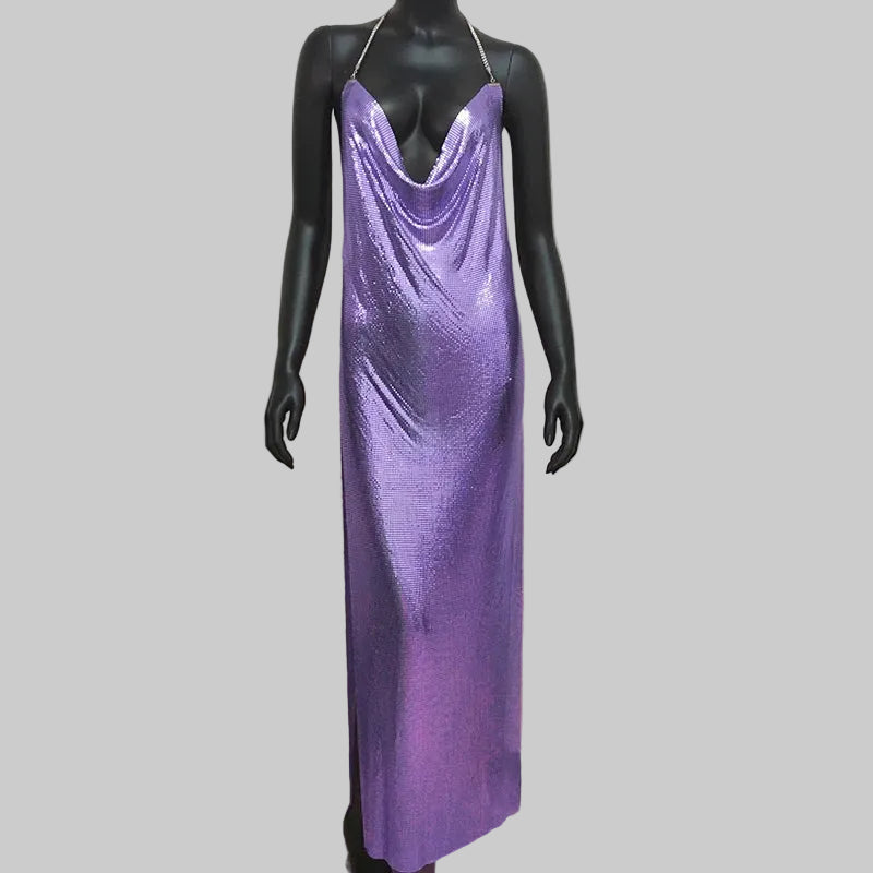 Metal Sequin Chain Strap Maxi Dress