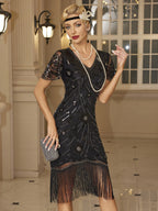 1920s Beaded Sequin Fringe Flapper Dress | Short Sleeve | A-Line