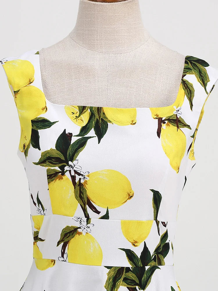1950s Lemon Print Swing Dress | Square Neck | Sleeveless