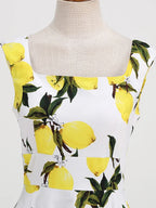 1950s Lemon Print Swing Dress | Square Neck | Sleeveless