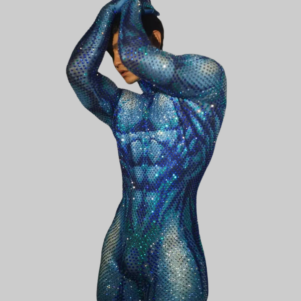 Men's Rhinestone Jumpsuit - Full-Body Sparkly Bodycon Suit for DJ & Stage Performers