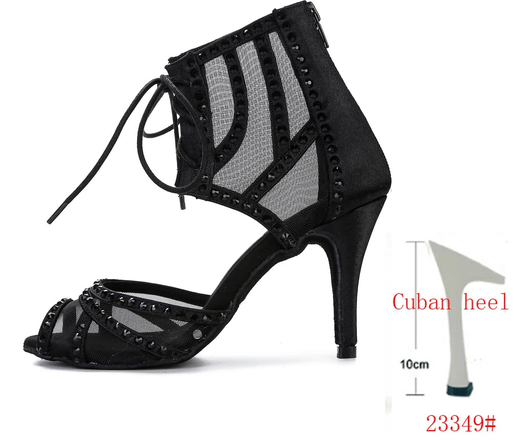 Women's Rhinestone Latin Dance Heels | Mesh & Satin | Stiletto