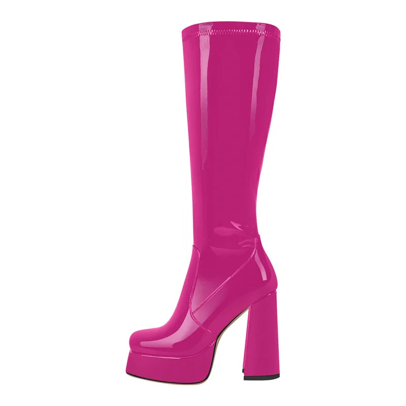 Platform Knee-High Boots | Square Toe Side Zip | 12cm Heel | Sizes US 5–15