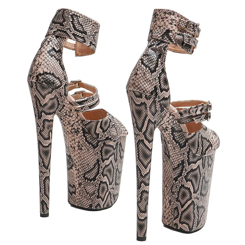 9-Inch Snake Print Platform Sandals - Slip-On High Heel Performance Shoes