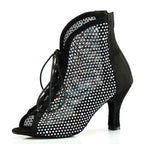 Rhinestone Latin Dance Boots | Black Mesh & Satin | Cuban Heel