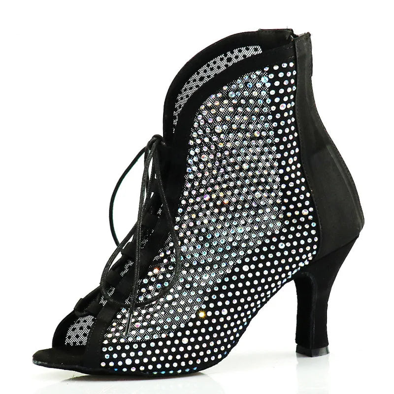 Rhinestone Latin Dance Boots | Black Mesh & Satin | Cuban Heel