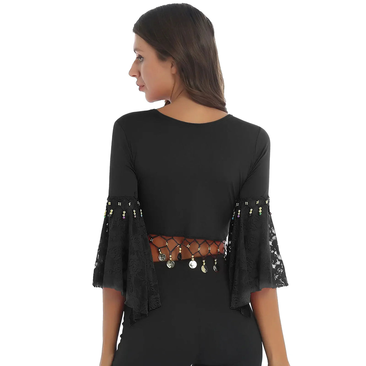 Coin & Bead Tassel Bolero | Bell Sleeve Belly Dance Shawl Top | 8 Colours | M–6XL