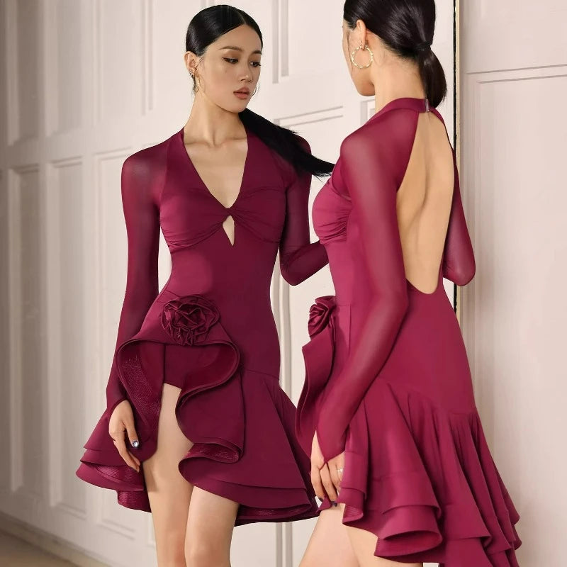 Latin Dance Dress | Backless Mesh Swing | Flower Detail