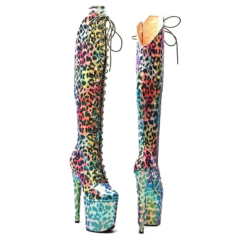 8-Inch Shiny Leopard Platform Boots with Cut-Outs