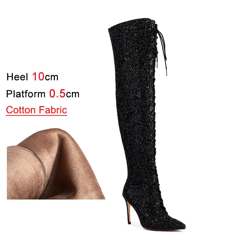 Sequin Over-the-Knee Boots | Lace-Up | 10cm Heel
