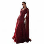 Beaded Wine Red A-Line Gown | V-Neck Cap Sleeve | Sweep Train