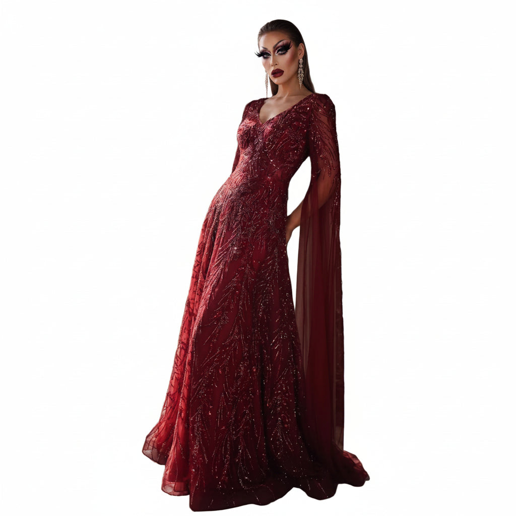 Beaded Wine Red A-Line Gown | V-Neck Cap Sleeve | Sweep Train