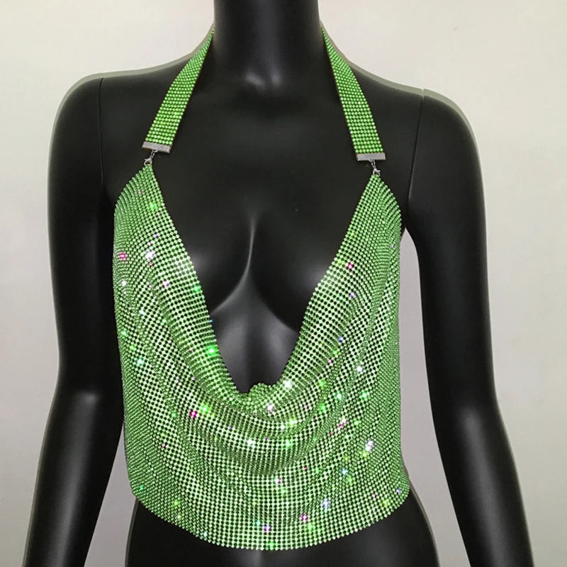 Rhinestone Sequin Deep V Halter Crop Top - Backless Diamond Tank