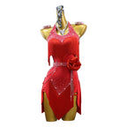 Red Rhinestone Latin Dance Dress with Flowers & Tassel Details
