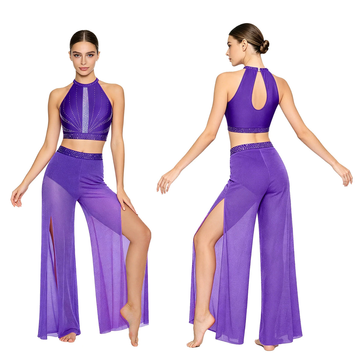Rhinestone Crop Top & Sheer Pants Set | Lyrical Dance | Built-In Brief