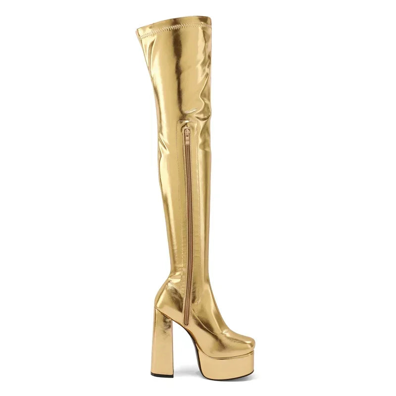 Thigh-High Platform Boots | Metallic Stretch