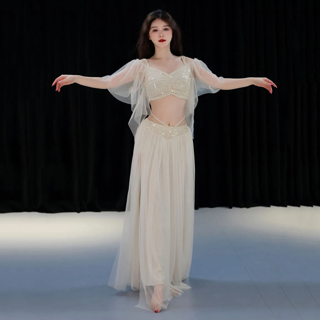 Belly Dance Costume | Mesh Top & Long Sash Skirt Set