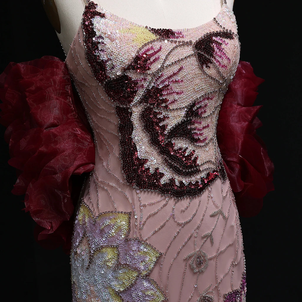 Pink Floral Beaded Mermaid Pageant Gown | Burgundy Cape