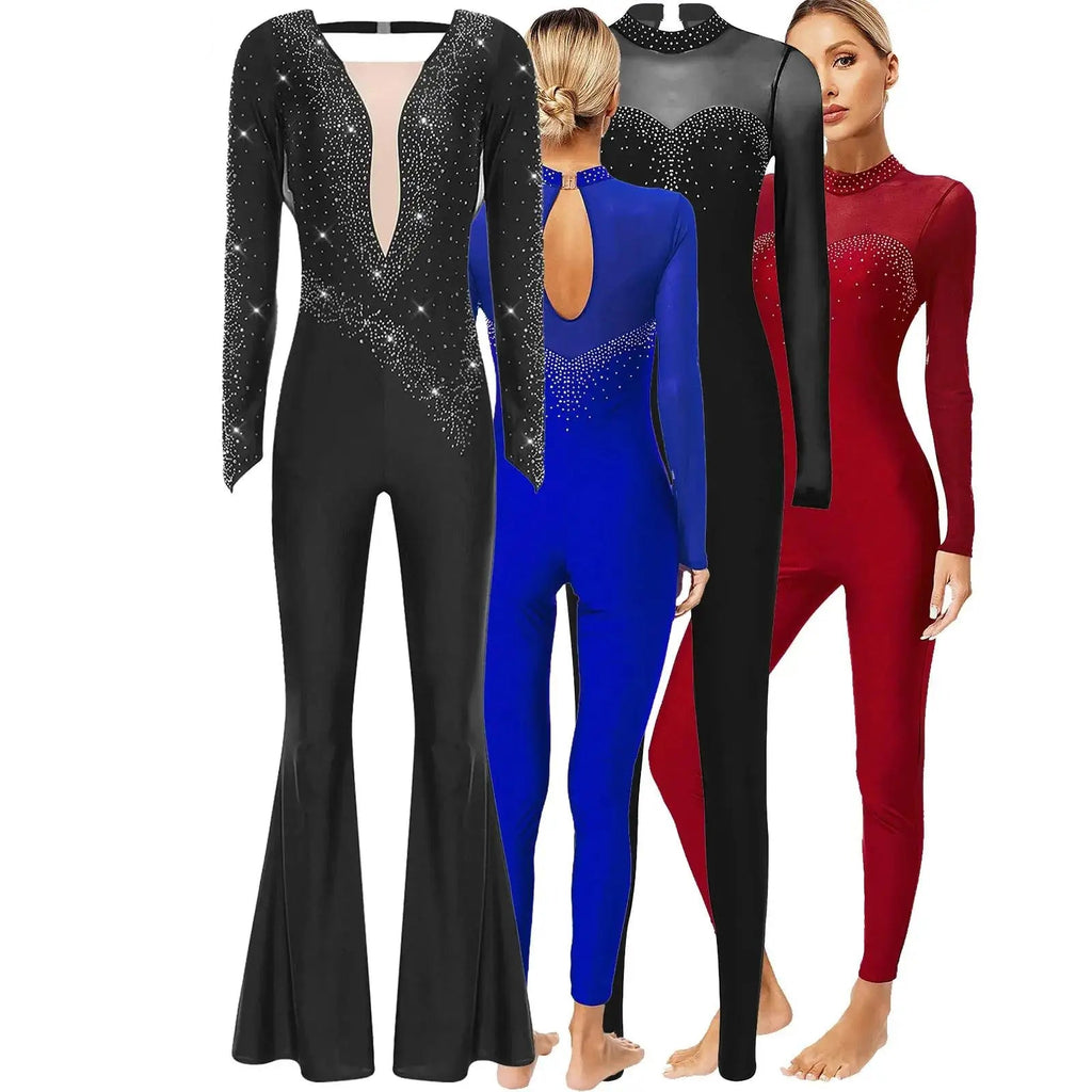 Women's Rhinestone Bell-Bottom Dance Jumpsuit | Deep V-Neck & Ruched Mesh | Latin & Performance