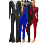 Women's Rhinestone Bell-Bottom Dance Jumpsuit | Deep V-Neck & Ruched Mesh | Latin & Performance