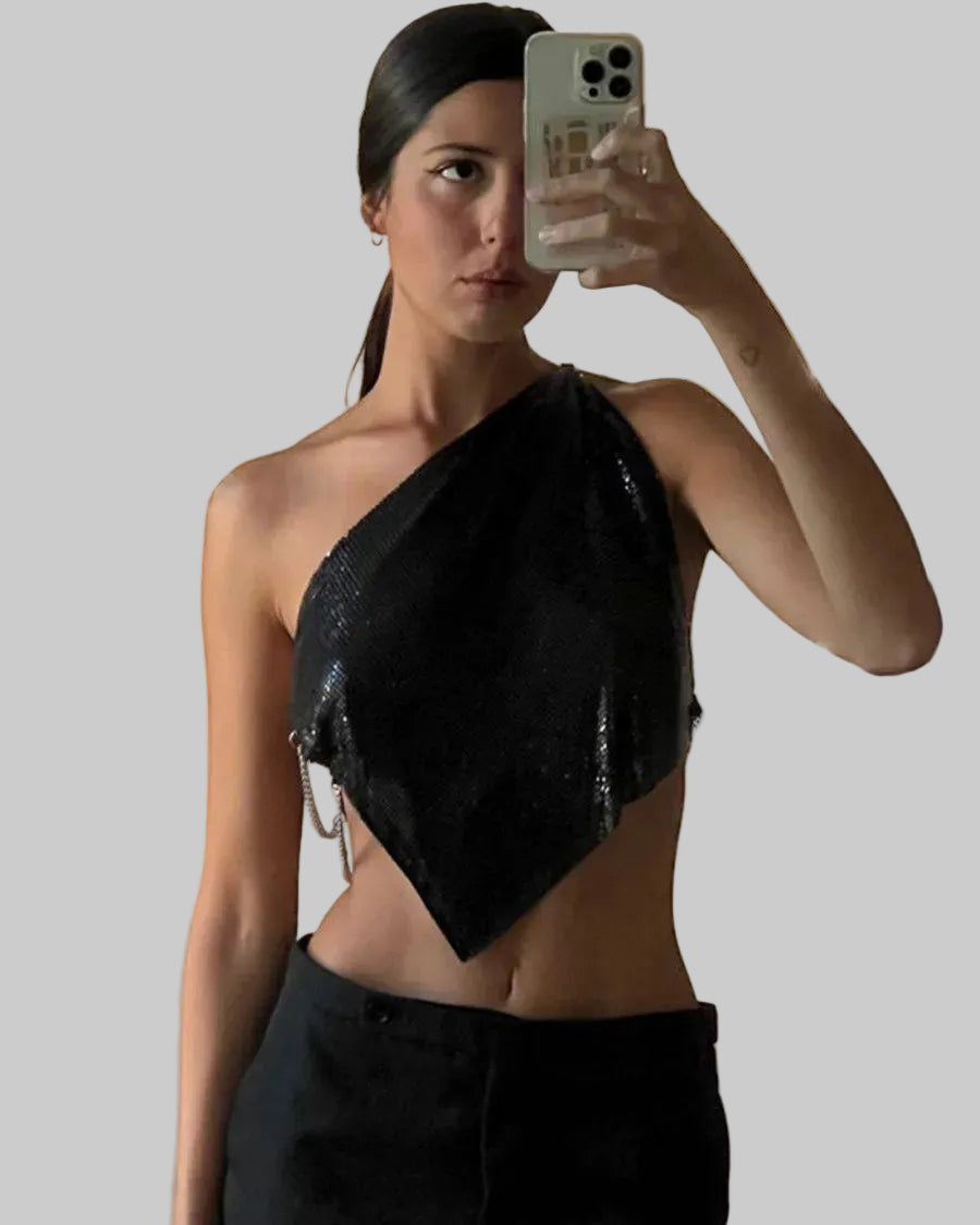 Sequin One-Shoulder Crop Top - Backless Chain Performance Cami