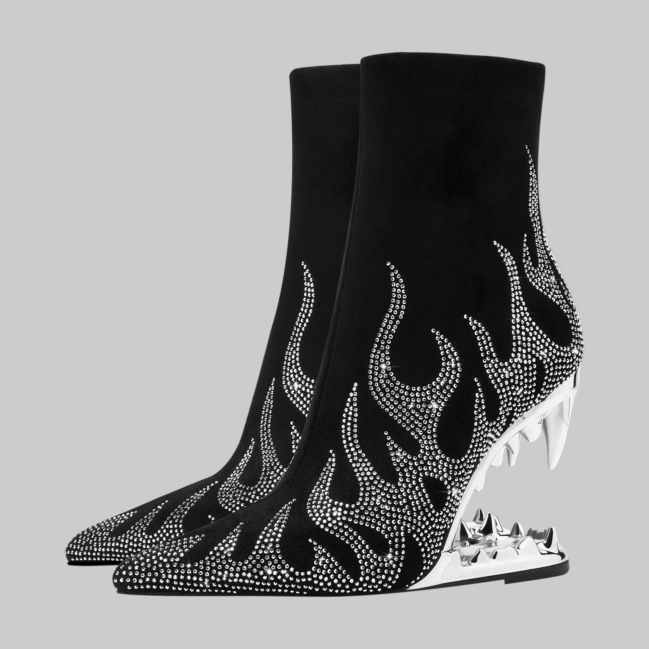 Flame Rhinestone Velvet Ankle Boots - Crystal Wedge Heel Boots