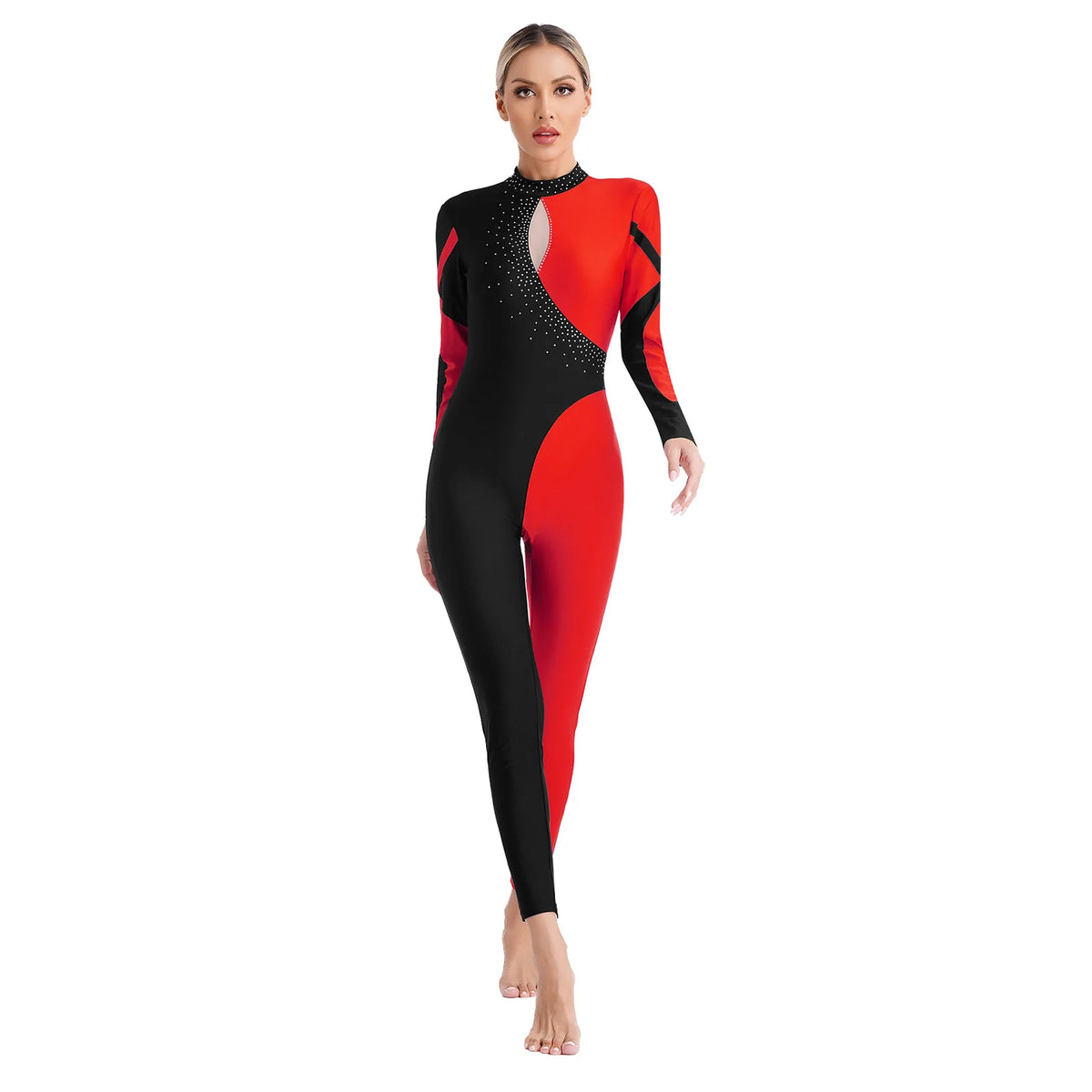Rhinestone Color-Block Dance Jumpsuit | Long Sleeve | Keyhole Back | Mock Neck