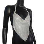 Rhinestone Mesh Halter Crop Top - Shiny Metal Hollow-Out Backless Tank for Stage & Festival
