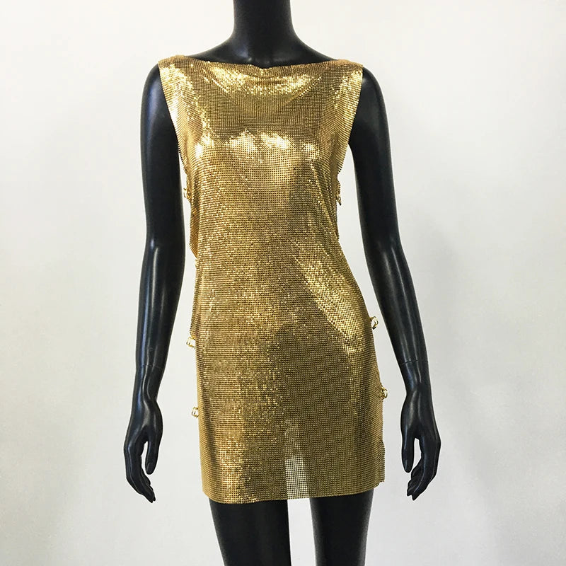 Metallic Sequin Mini Dress - Backless Sheer Party Dress