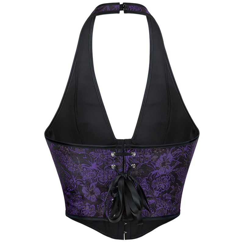 Gothic Halter Corset Top | Floral Jacquard | Zip Front