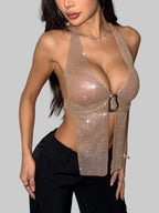 Diamond Fishnet Halter Crop Top - Deep V Backless Camisole
