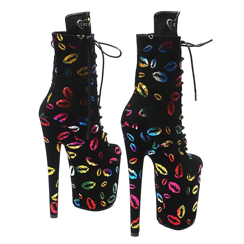 Lip Print Platform Ankle Boots - 8 Inch Fashion Pole Dance Boots