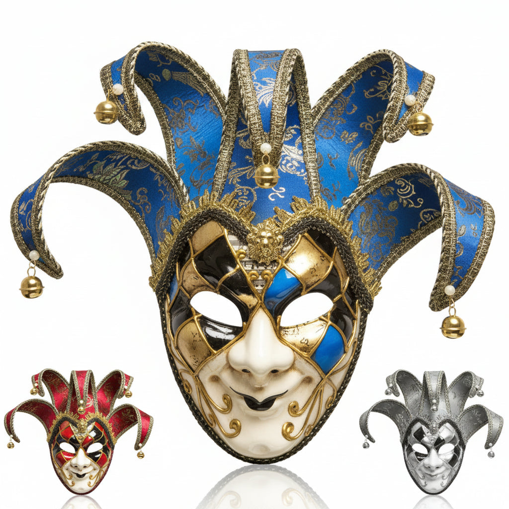 Venetian Jester Mask | Full Face with Bells | 3 Colors