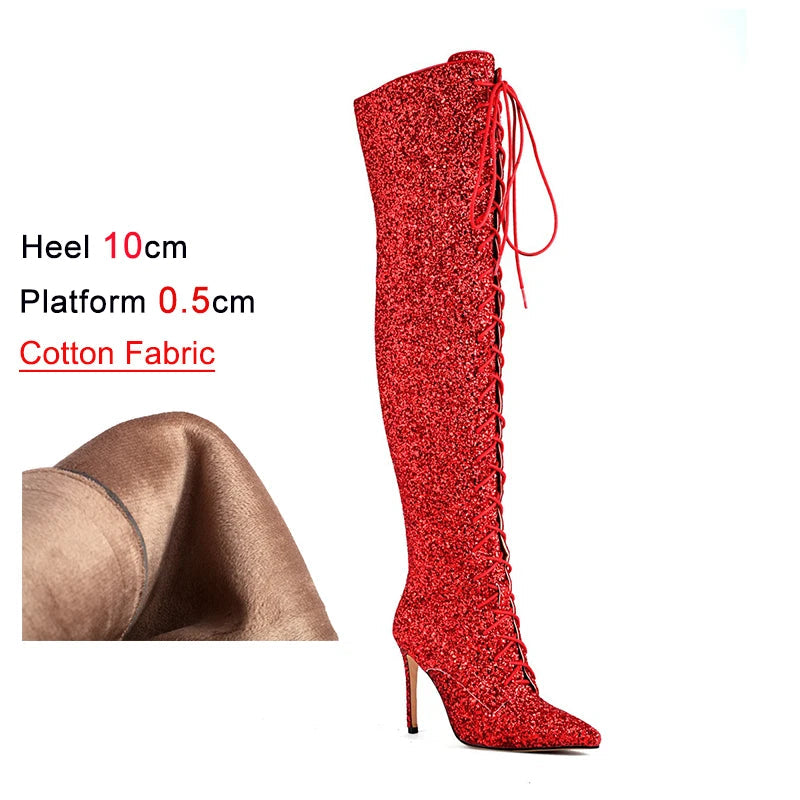 Sequin Over-the-Knee Boots | Lace-Up | 10cm Heel